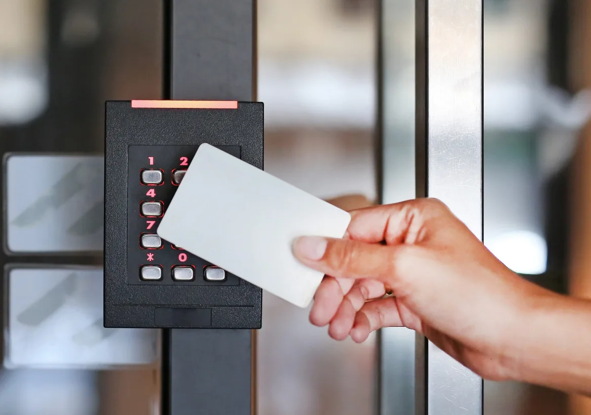 Access control system installation - key fob, card reader, and biometric entry for businesses